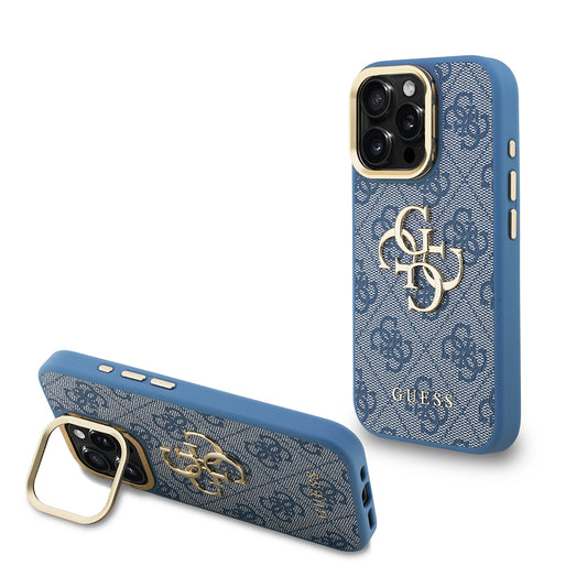Apple iPhone 16 Pro Max Case Guess Original Licensed PU Leather 4G Patterned Metal Large 4G and Text Logo Camera Stand Cover Blue
