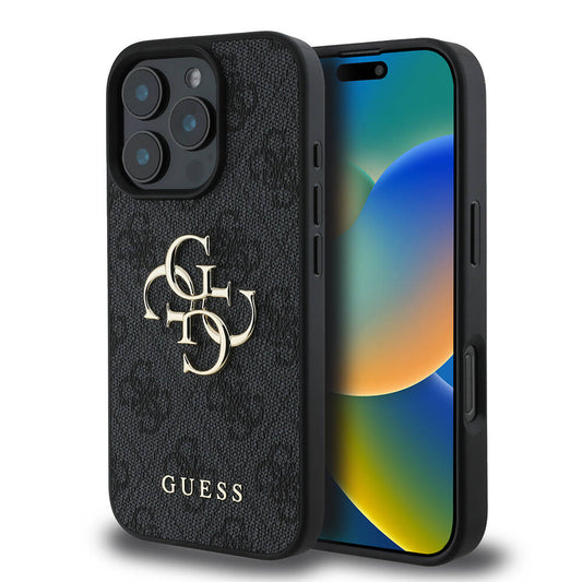 Apple iPhone 16 Pro Max Case Guess Original Licensed PU Leather 4G Patterned Metal Large 4G and Text Logo Cover Black