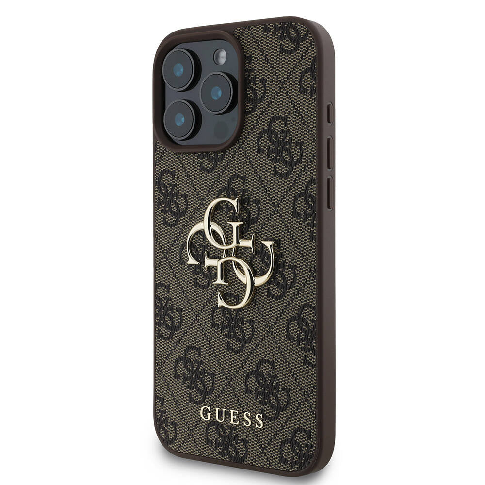 Apple iPhone 16 Pro Max Case Guess Original Licensed PU Leather 4G Patterned Metal Large 4G and Text Logo Cover Pink