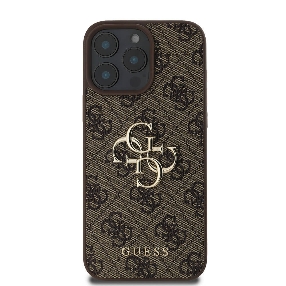 Apple iPhone 16 Pro Max Case Guess Original Licensed PU Leather 4G Patterned Metal Large 4G and Text Logo Cover Pink