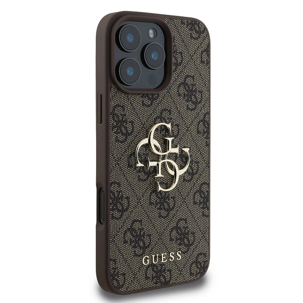 Apple iPhone 16 Pro Max Case Guess Original Licensed PU Leather 4G Patterned Metal Large 4G and Text Logo Cover Pink