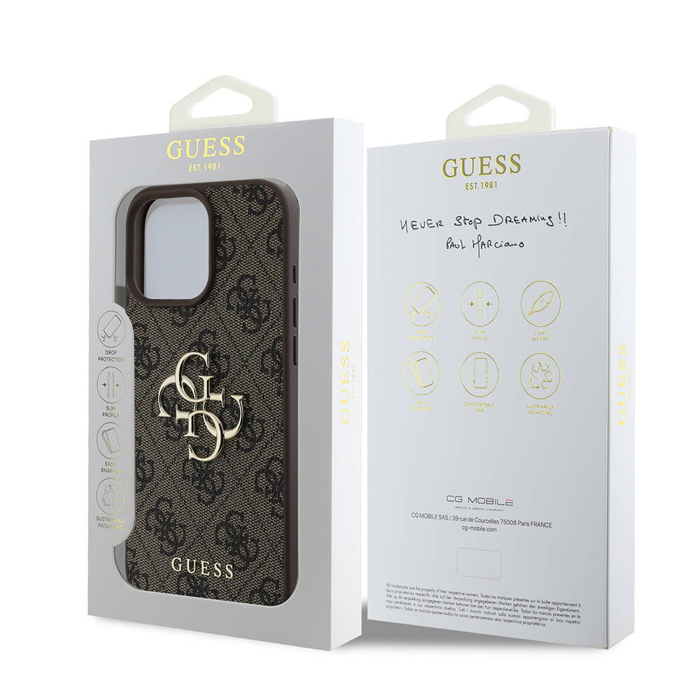 Apple iPhone 16 Pro Max Case Guess Original Licensed PU Leather 4G Patterned Metal Large 4G and Text Logo Cover Brown