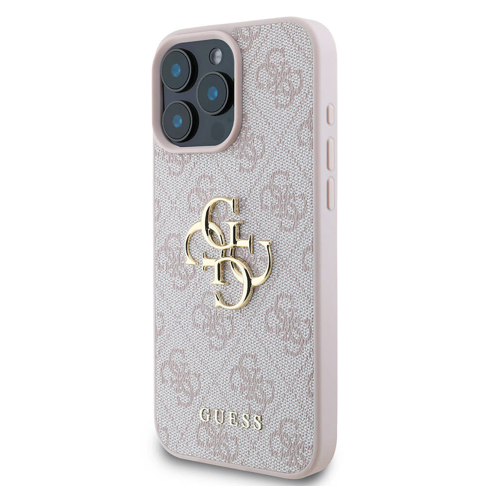 Apple iPhone 16 Pro Max Case Guess Original Licensed PU Leather 4G Patterned Metal Large 4G and Text Logo Cover Pink