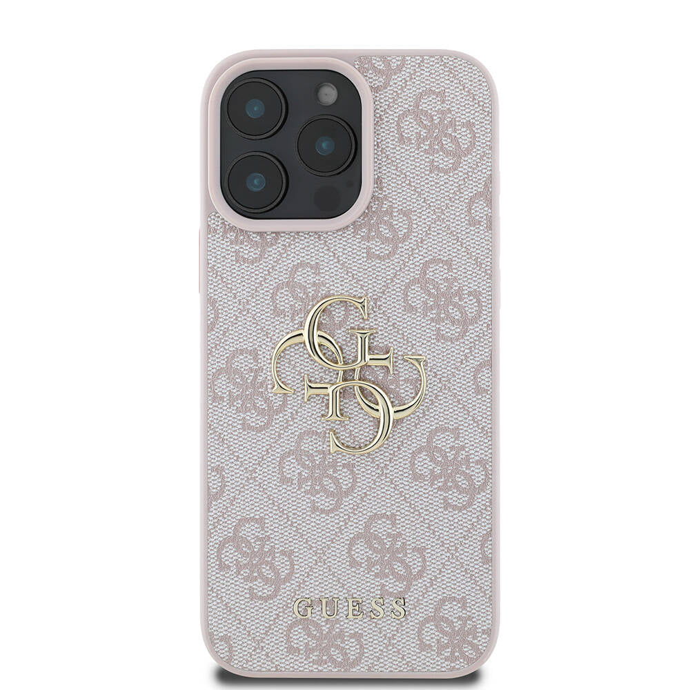 Apple iPhone 16 Pro Max Case Guess Original Licensed PU Leather 4G Patterned Metal Large 4G and Text Logo Cover Pink
