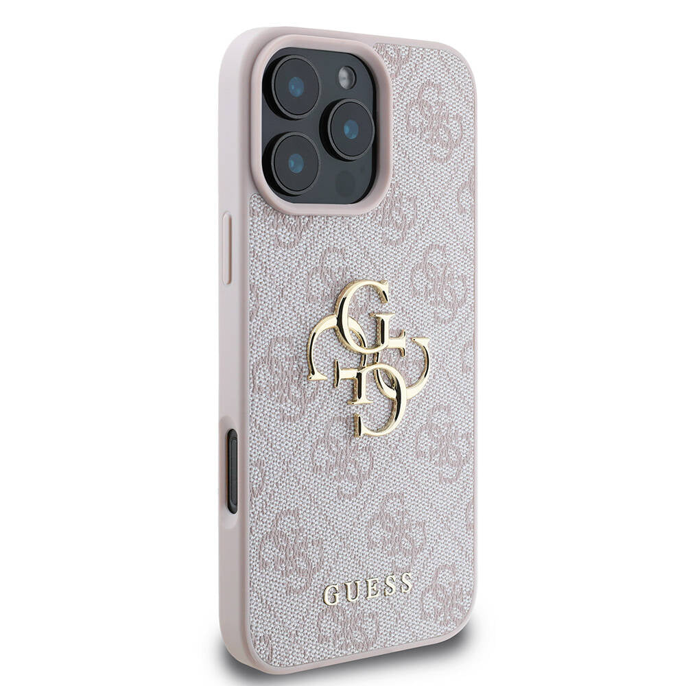 Apple iPhone 16 Pro Max Case Guess Original Licensed PU Leather 4G Patterned Metal Large 4G and Text Logo Cover Pink