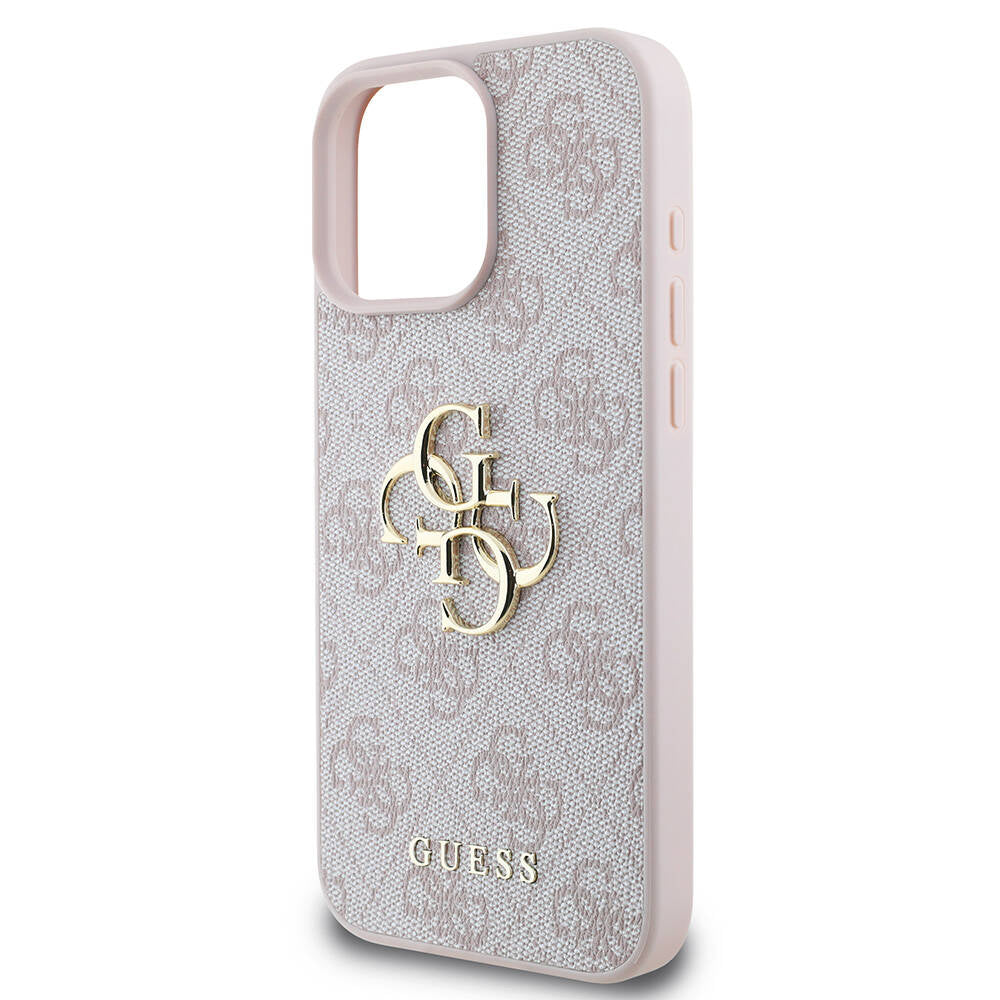 Apple iPhone 16 Pro Max Case Guess Original Licensed PU Leather 4G Patterned Metal Large 4G and Text Logo Cover Pink