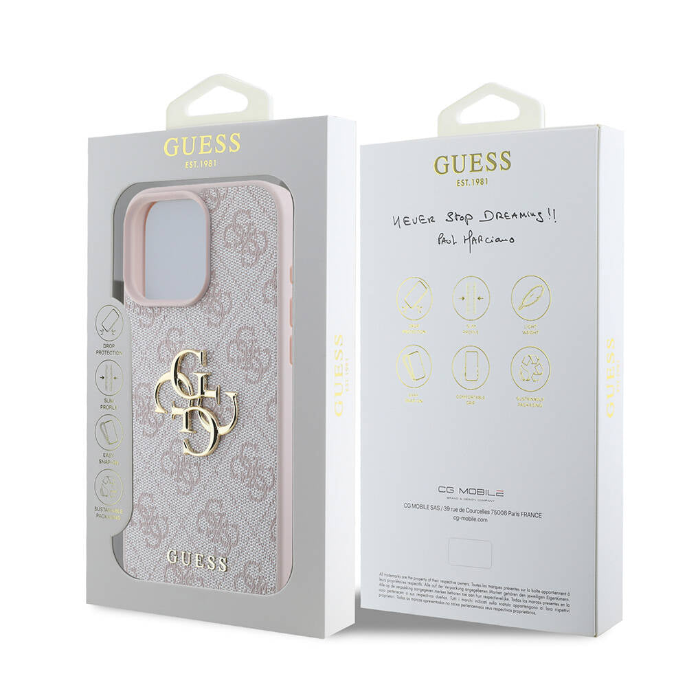 Apple iPhone 16 Pro Max Case Guess Original Licensed PU Leather 4G Patterned Metal Large 4G and Text Logo Cover Pink