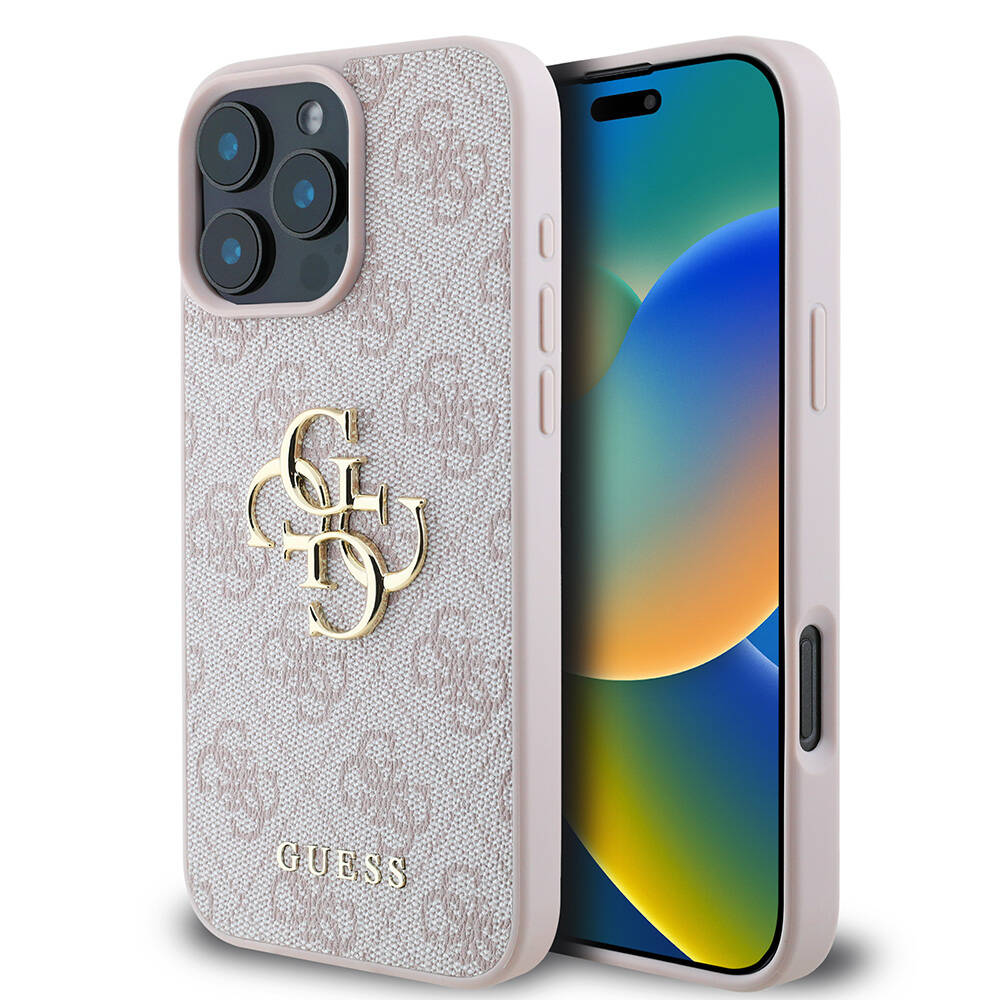 Apple iPhone 16 Pro Max Case Guess Original Licensed PU Leather 4G Patterned Metal Large 4G and Text Logo Cover Pink