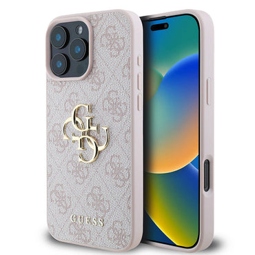 Apple iPhone 16 Pro Max Case Guess Original Licensed PU Leather 4G Patterned Metal Large 4G and Text Logo Cover Pink