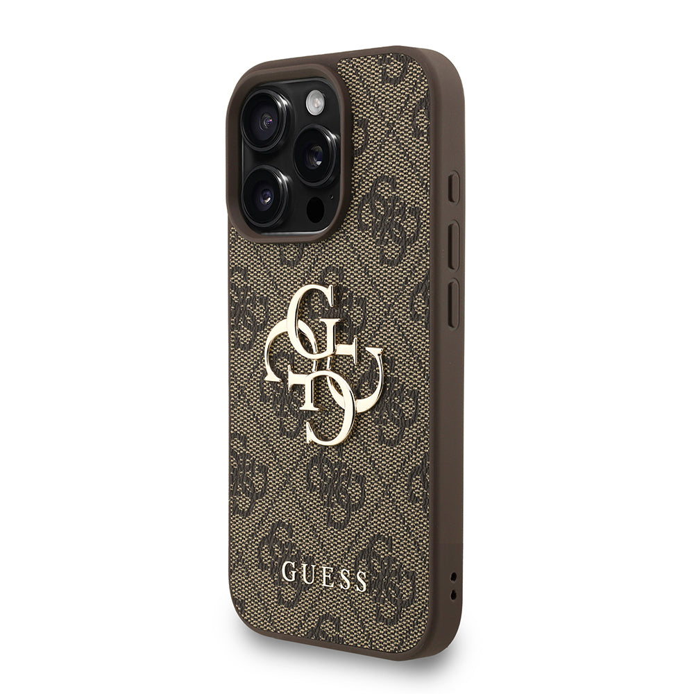 Apple iPhone 16 Pro Max Kılıf Guess Orjinal Lisanslı PU Deri Bilek Askı İpli Metal Büyük 4G ve Yazı Logolu Kapak Kahverengi