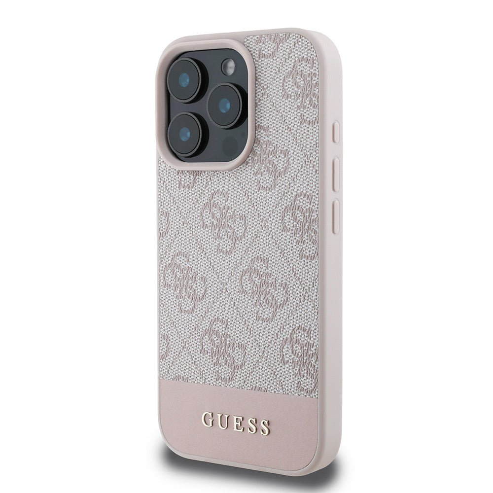 Apple iPhone 16 Pro Max Case Guess Original Licensed PU Leather Stripe Logo Design Cover Pink