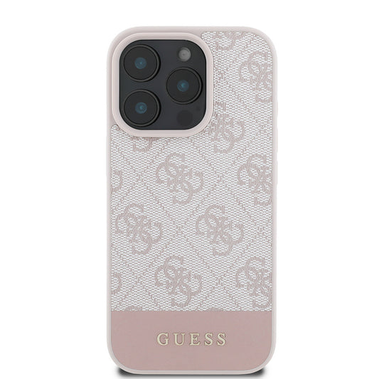 Apple iPhone 16 Pro Max Case Guess Original Licensed PU Leather Stripe Logo Design Cover Pink