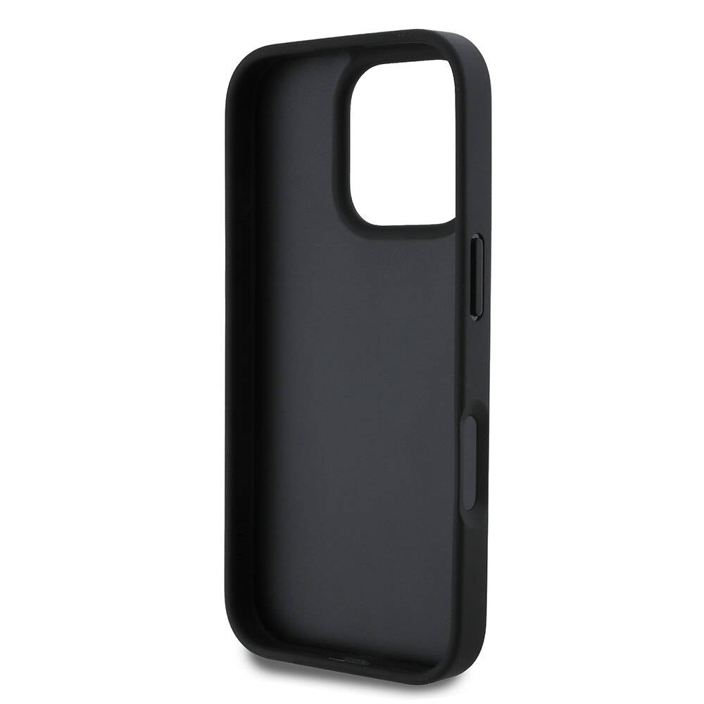 Apple iPhone 16 Pro Max Case Guess Original Licensed PU Leather Stone Metal Triangle Logo Crossbody Strap 4G Patterned Cover Black