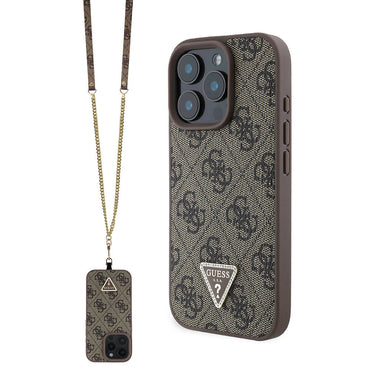 Apple iPhone 16 Pro Max Case Guess Original Licensed PU Leather Stone Metal Triangle Logo Crossbody Strap 4G Patterned Cover Brown