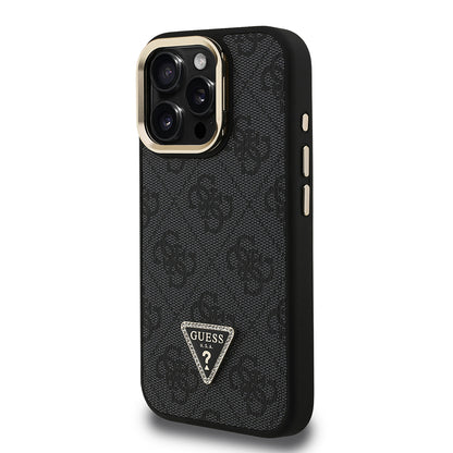 Apple iPhone 16 Pro Max Kılıf Guess Orjinal Lisanslı PU Deri Taşlı Üçgen Logo 4G Desenli Kamera Standlı Kapak Pembe