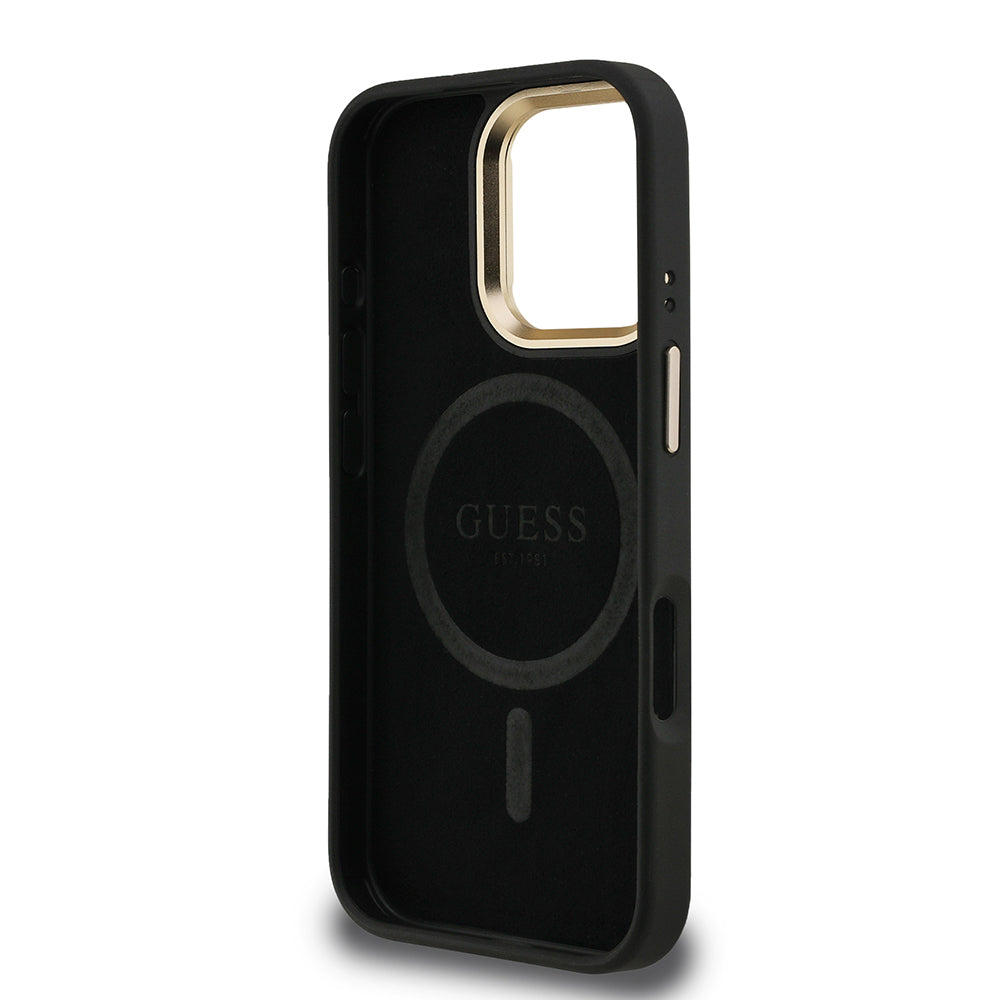 Apple iPhone 16 Pro Max Kılıf Guess Orjinal Lisanslı PU Deri Taşlı Üçgen Logo 4G Desenli Kamera Standlı Kapak Pembe