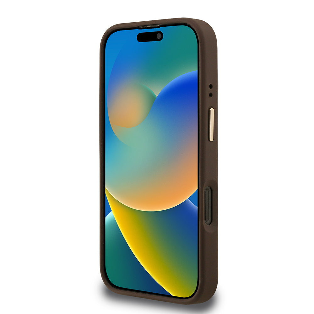 Apple iPhone 16 Pro Max Kılıf Guess Orjinal Lisanslı PU Deri Taşlı Üçgen Logo 4G Desenli Kamera Standlı Kapak Pembe