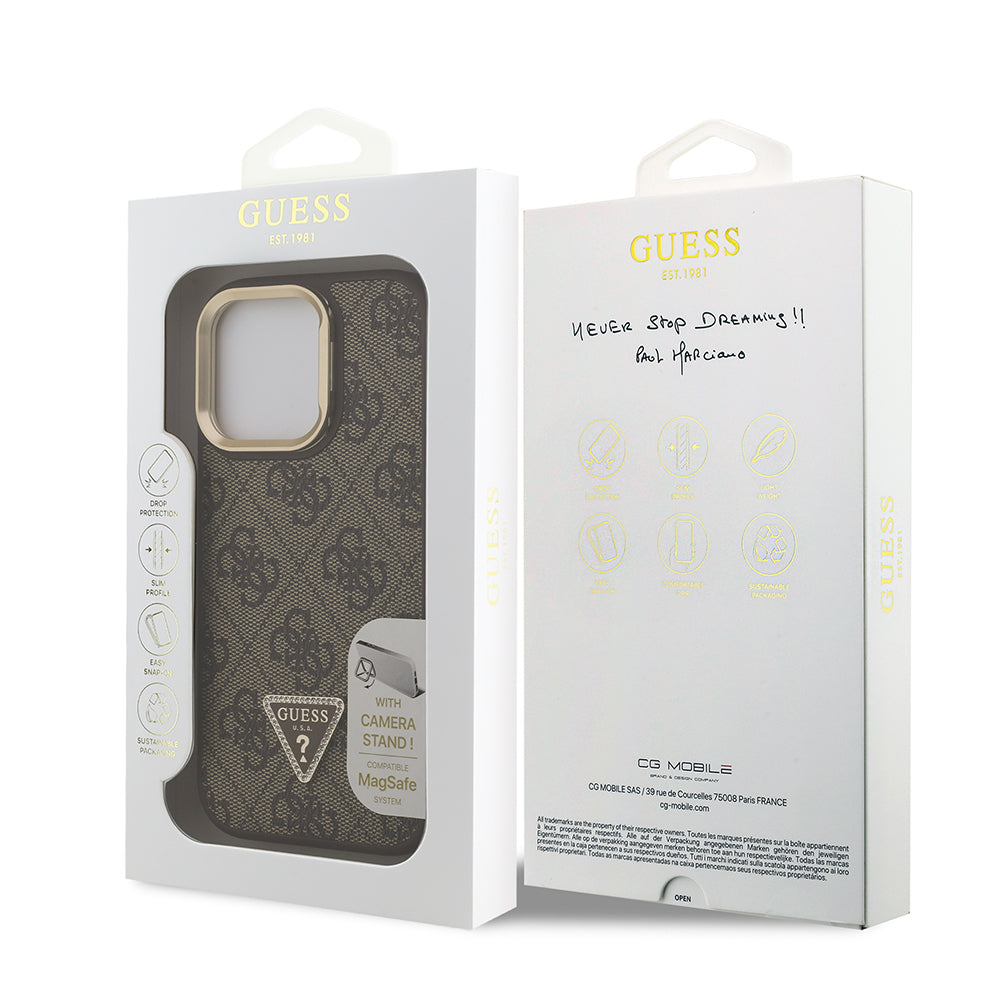 Apple iPhone 16 Pro Max Kılıf Guess Orjinal Lisanslı PU Deri Taşlı Üçgen Logo 4G Desenli Kamera Standlı Kapak Pembe