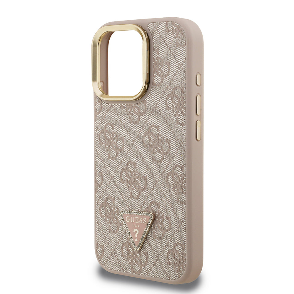 Apple iPhone 16 Pro Max Kılıf Guess Orjinal Lisanslı PU Deri Taşlı Üçgen Logo 4G Desenli Kamera Standlı Kapak Kahverengi