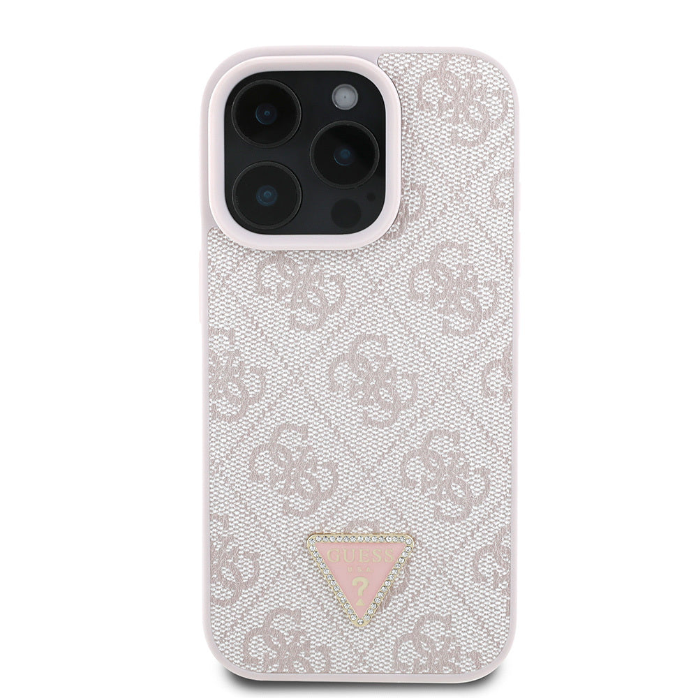 Apple iPhone 16 Pro Max Case Guess Original Licensed PU Leather Stone Triangle Logo 4G Patterned Strass Cover Pink