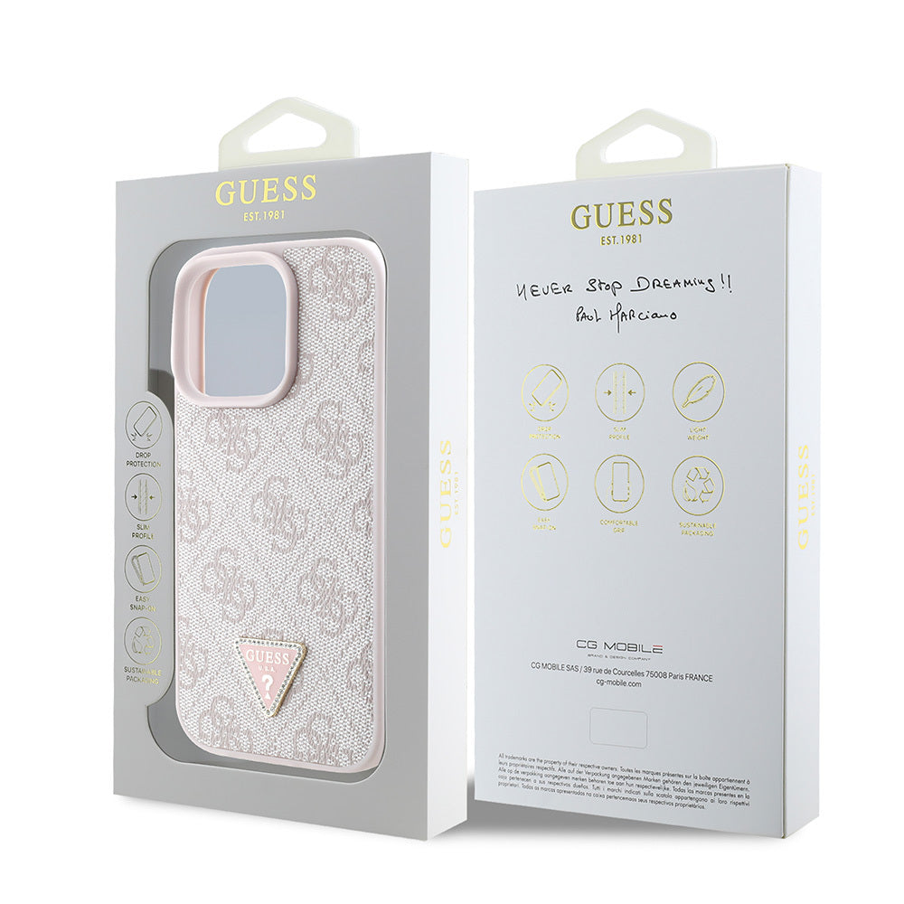 Apple iPhone 16 Pro Max Case Guess Original Licensed PU Leather Stone Triangle Logo 4G Patterned Strass Cover Pink