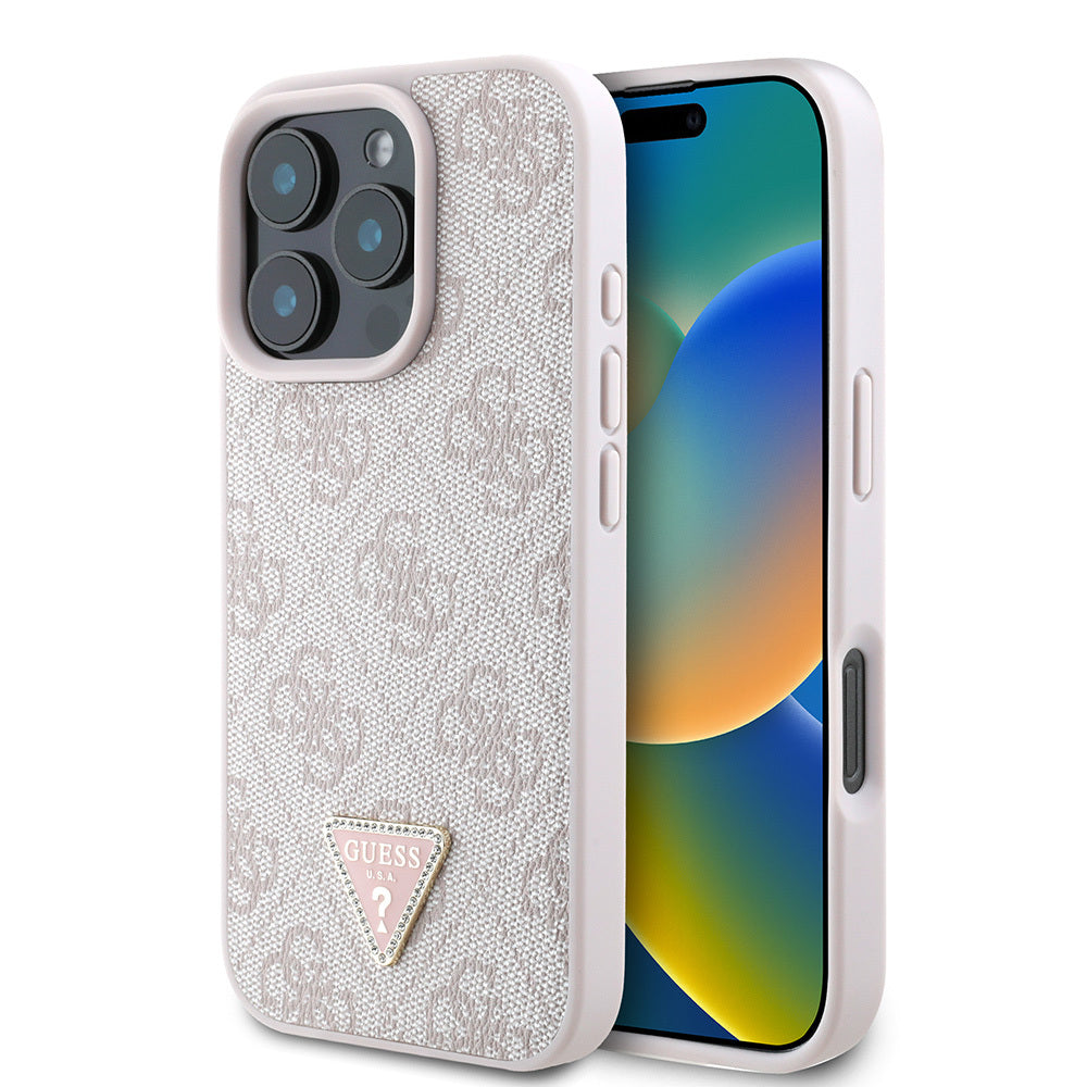 Apple iPhone 16 Pro Max Case Guess Original Licensed PU Leather Stone Triangle Logo 4G Patterned Strass Cover Brown