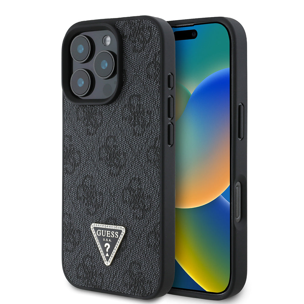 Apple iPhone 16 Pro Max Case Guess Original Licensed PU Leather Stone Triangle Logo 4G Patterned Strass Cover Brown