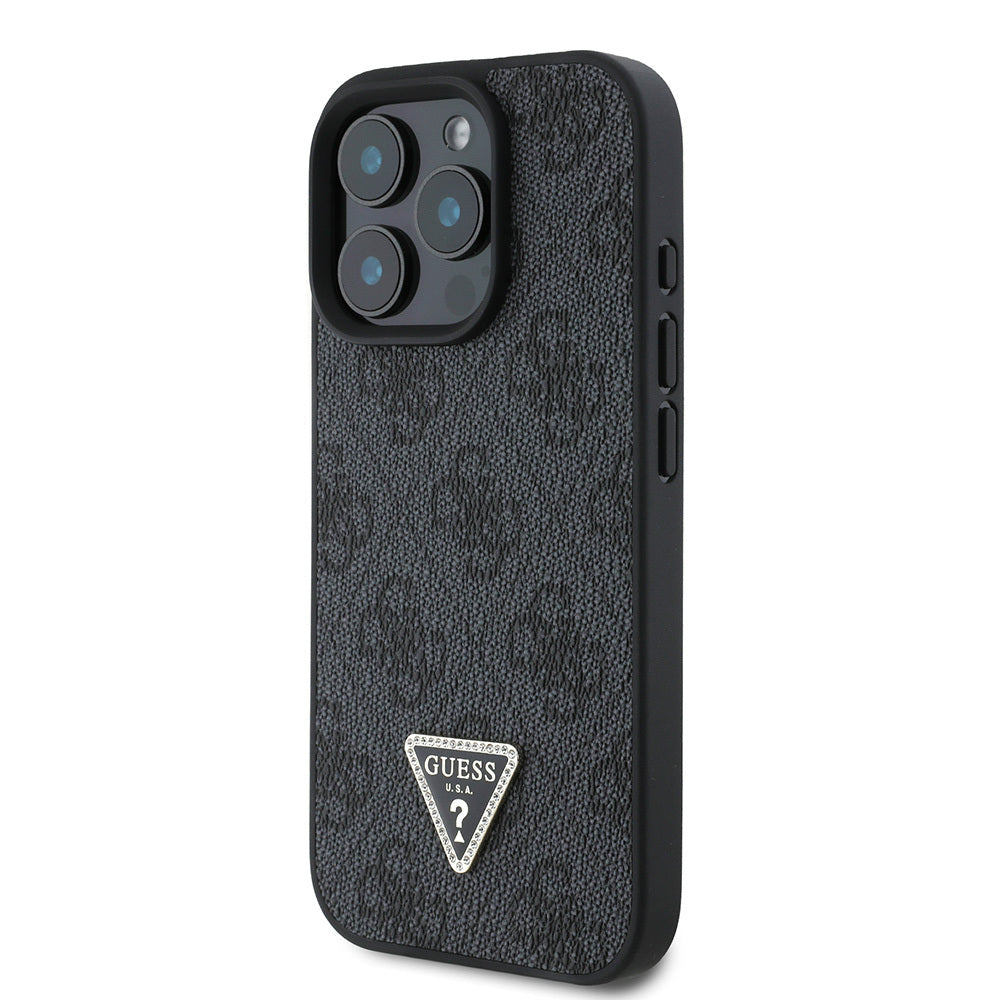 Apple iPhone 16 Pro Max Case Guess Original Licensed PU Leather Stone Triangle Logo 4G Patterned Strass Cover Brown