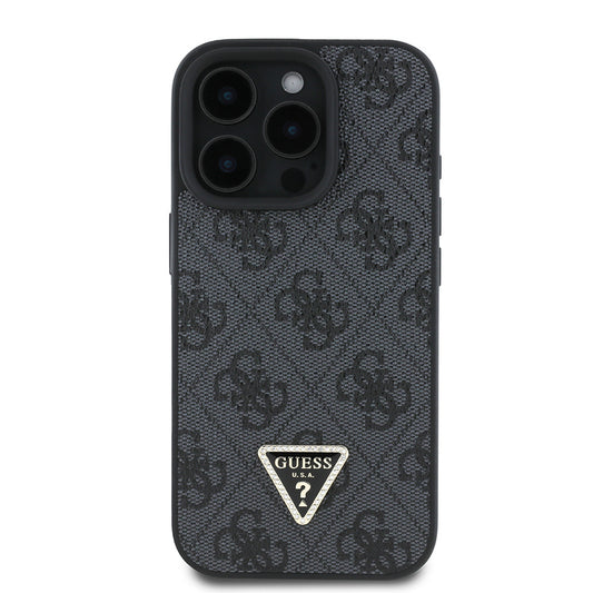 Apple iPhone 16 Pro Max Case Guess Original Licensed PU Leather Stone Triangle Logo 4G Patterned Strass Cover Black