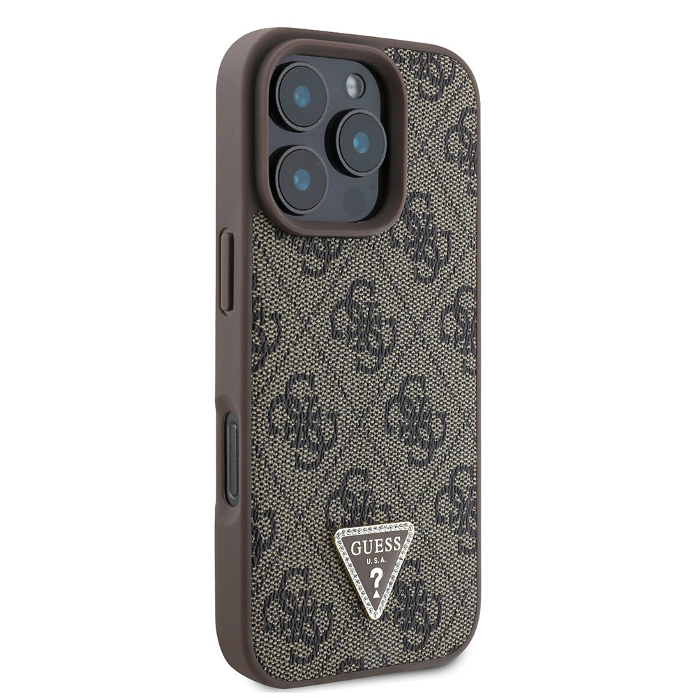 Apple iPhone 16 Pro Max Case Guess Original Licensed PU Leather Stone Triangle Logo 4G Patterned Strass Cover Brown