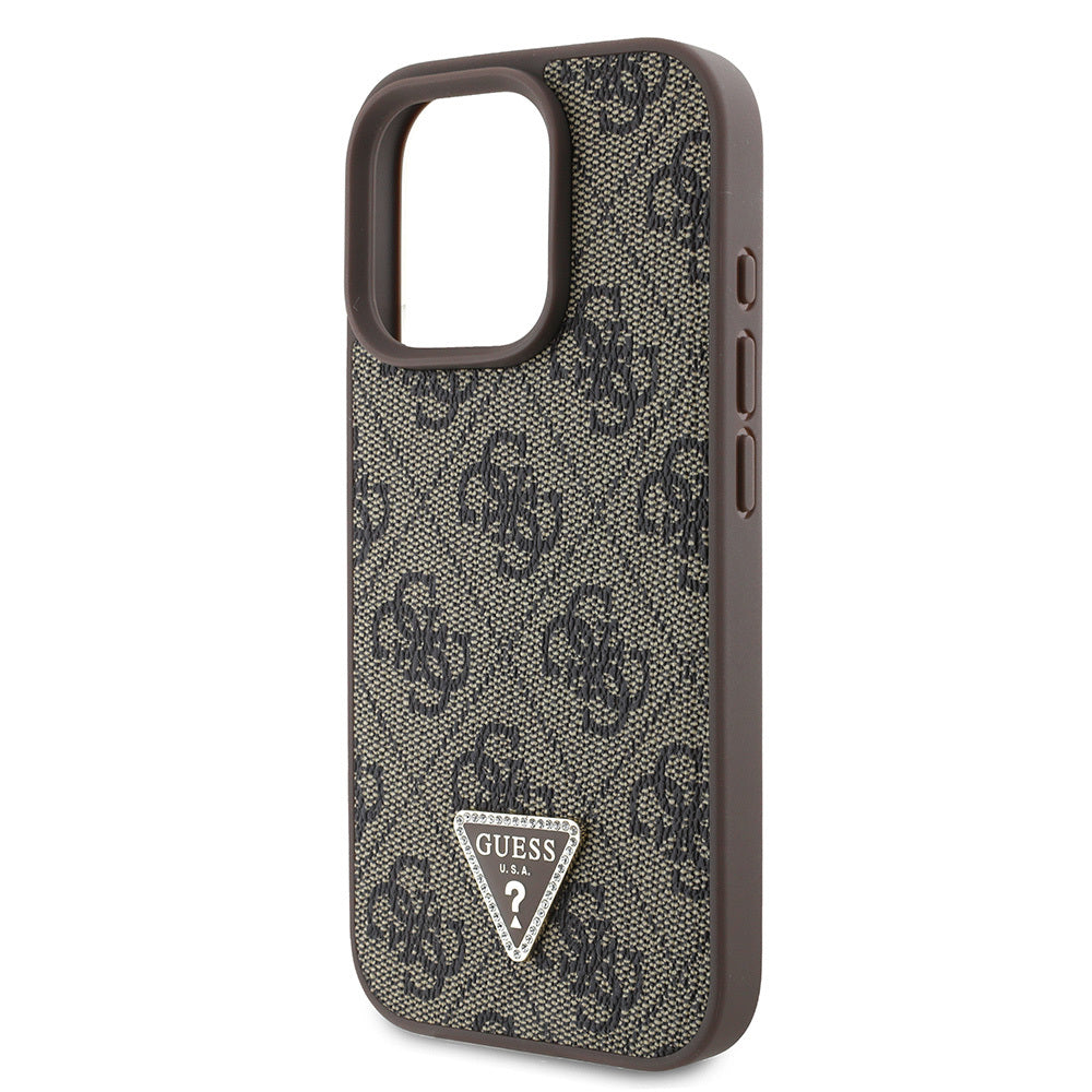 Apple iPhone 16 Pro Max Case Guess Original Licensed PU Leather Stone Triangle Logo 4G Patterned Strass Cover Brown