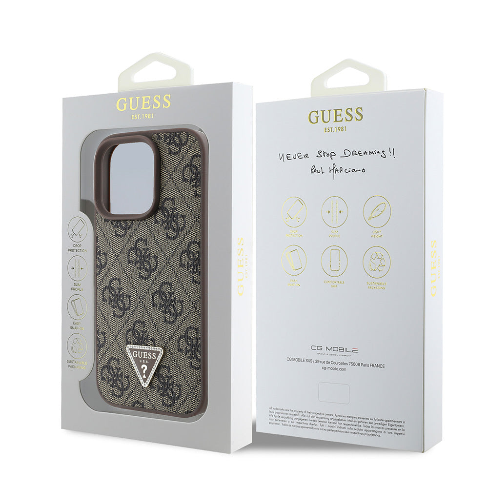 Apple iPhone 16 Pro Max Case Guess Original Licensed PU Leather Stone Triangle Logo 4G Patterned Strass Cover Brown