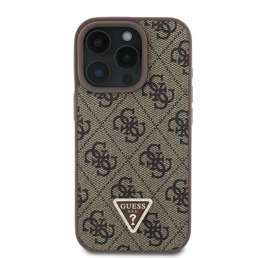 Apple iPhone 16 Pro Max Case Guess Original Licensed PU Leather Stone Triangle Logo 4G Patterned Strass Cover Brown