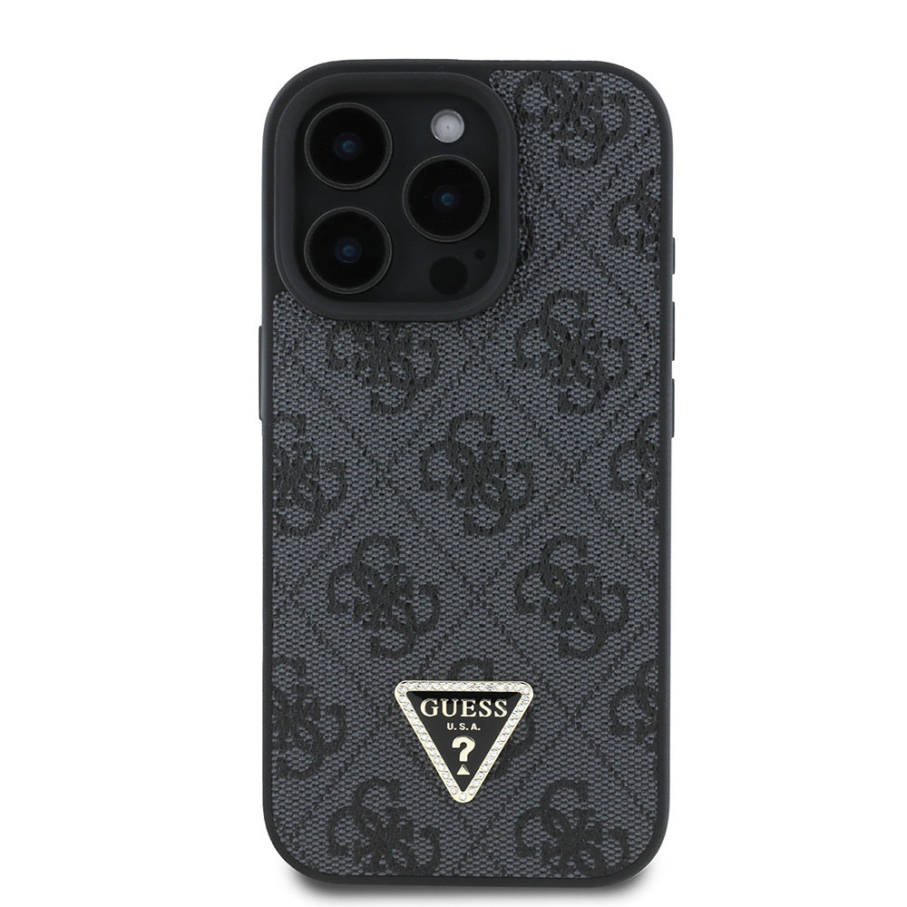 Apple iPhone 16 Pro Max Case Guess Original Licensed PU Leather Stone Triangle Logo 4G Patterned Strass Cover Brown