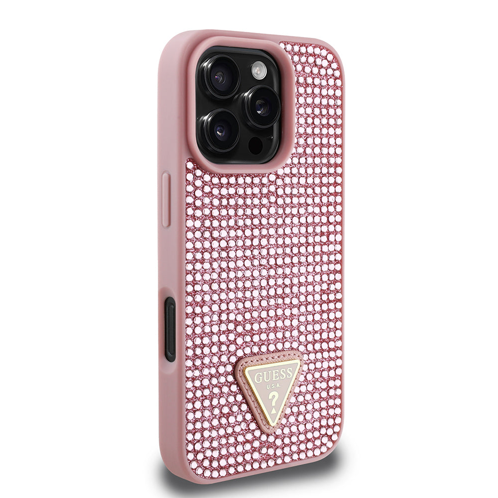 Apple iPhone 16 Pro Max Case Guess Original Licensed Stone Back Surface Triangle Logo Cover Gold