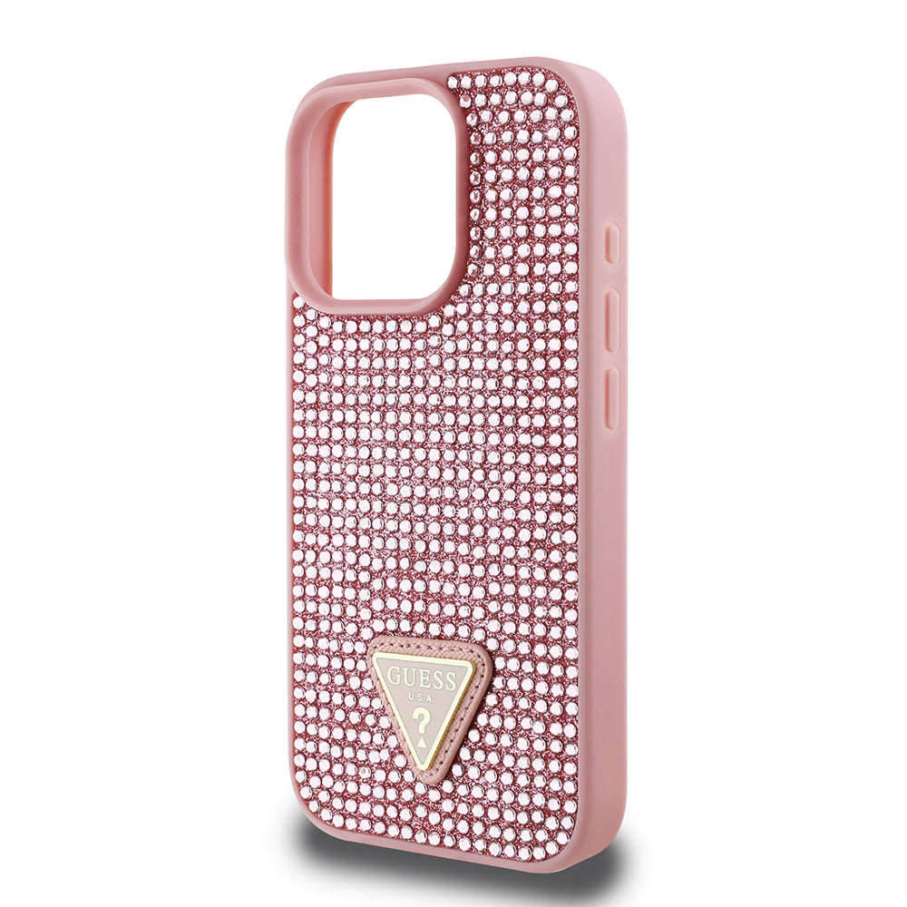 Apple iPhone 16 Pro Max Case Guess Original Licensed Stone Back Surface Triangle Logo Cover Pink