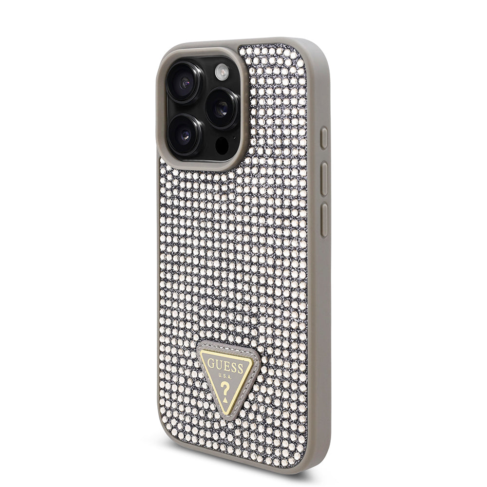 Apple iPhone 16 Pro Max Case Guess Original Licensed Stone Back Surface Triangle Logo Cover Gold
