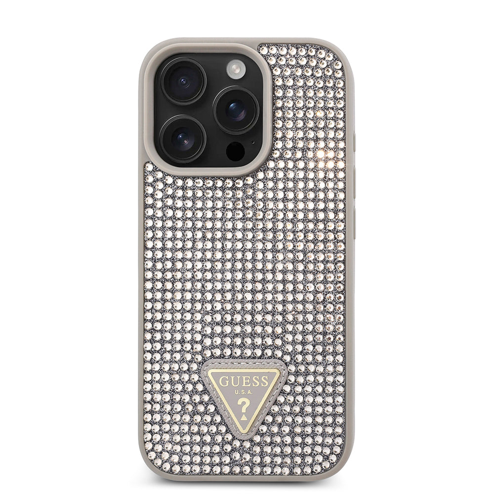 Apple iPhone 16 Pro Max Case Guess Original Licensed Stone Back Surface Triangle Logo Cover Silver