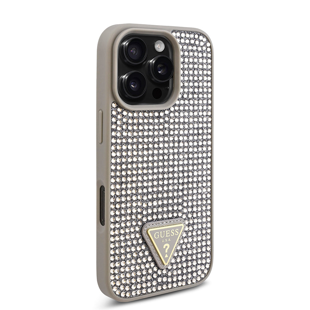 Apple iPhone 16 Pro Max Case Guess Original Licensed Stone Back Surface Triangle Logo Cover Gold