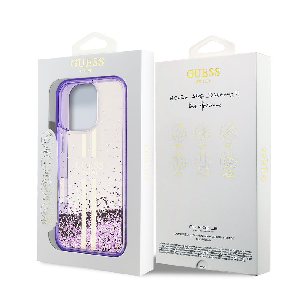 Apple iPhone 16 Pro Max Kılıf Guess Orjinal Lisanslı Transparan Sıvılı Simli Altın Çizgili Kapak Pembe