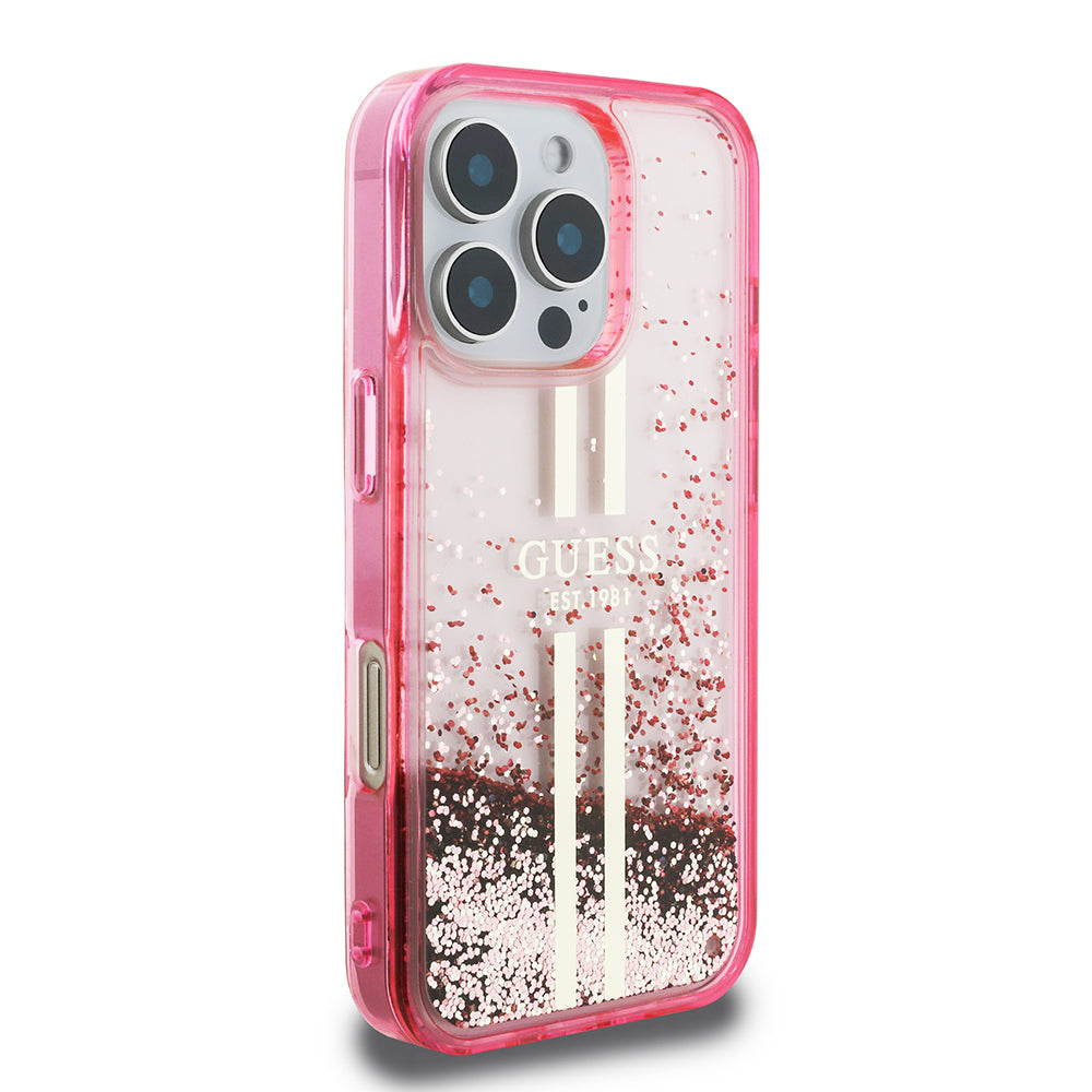 Apple iPhone 16 Pro Max Kılıf Guess Orjinal Lisanslı Transparan Sıvılı Simli Altın Çizgili Kapak Pembe