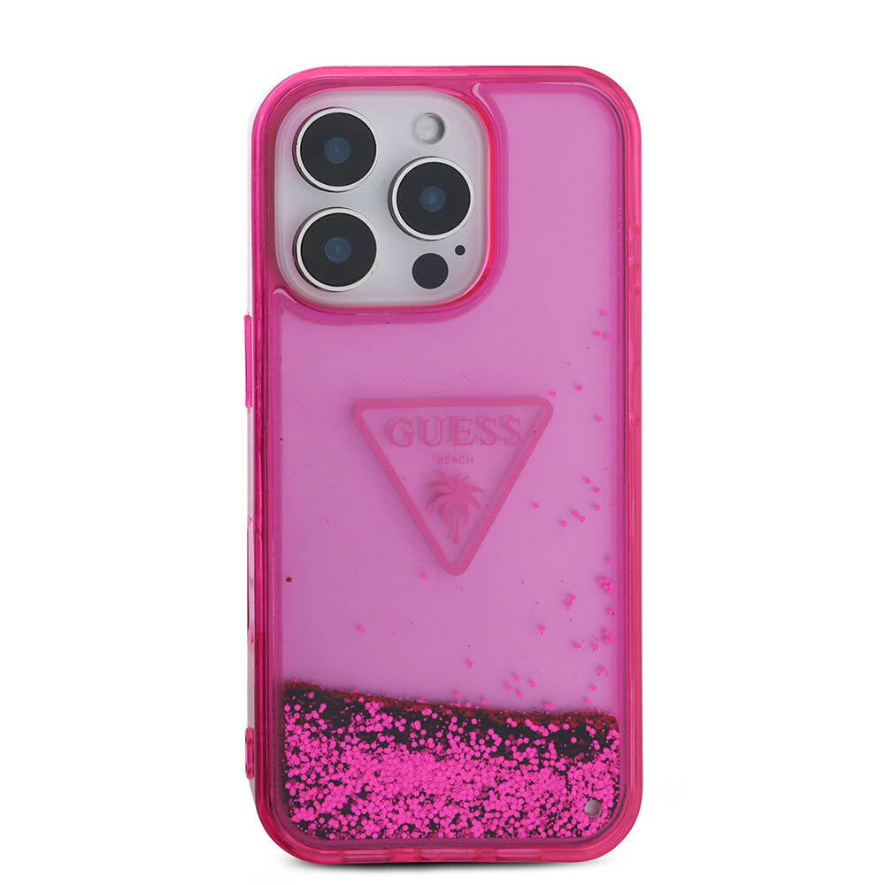 Apple iPhone 16 Pro Max Case Guess Original Licensed Transparent Liquid Glitter Design Cover Pink