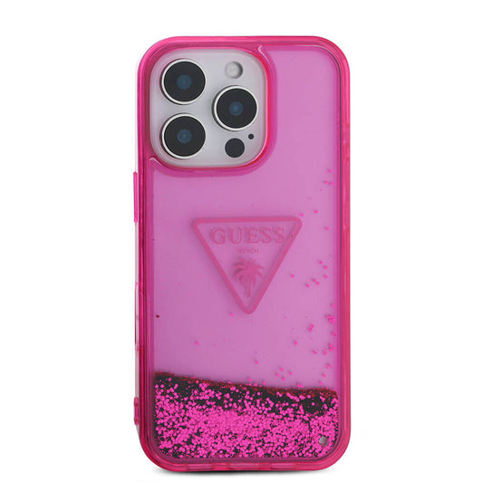 Apple iPhone 16 Pro Max Case Guess Original Licensed Transparent Liquid Glitter Design Cover Pink