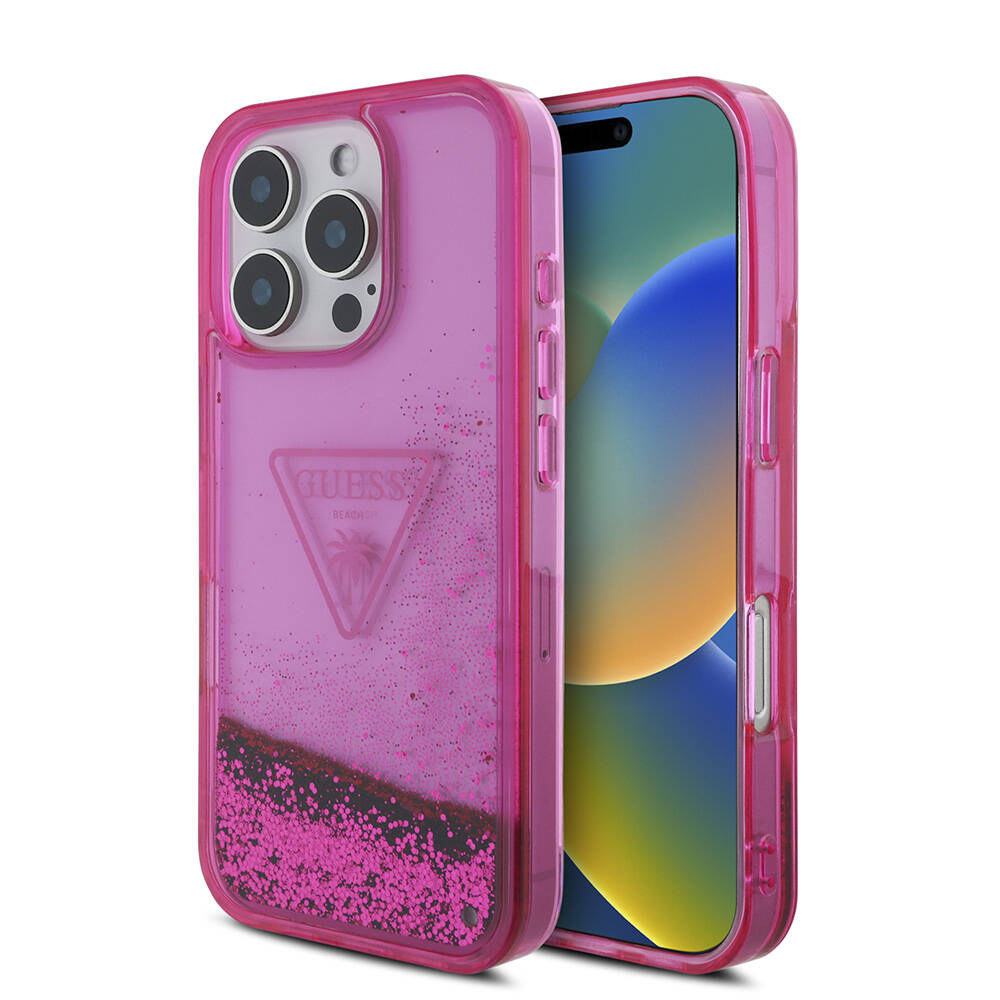 Apple iPhone 16 Pro Max Case Guess Original Licensed Transparent Liquid Glitter Design Cover Pink