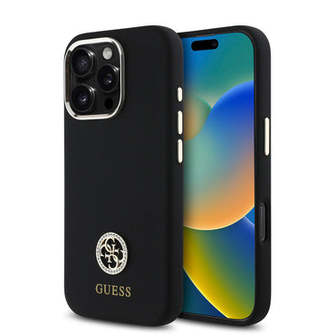 Apple iPhone 16 Pro Max Kılıf Guess Orjinal Lisanslı Yazı ve Taşlı 4G Logolu Metal Kamera Çerçeveli Silikon Kapak Siyah