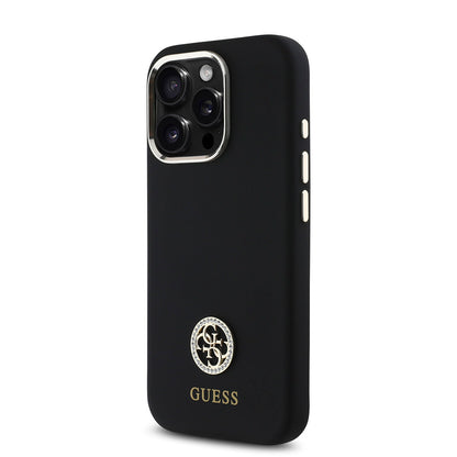 Apple iPhone 16 Pro Max Kılıf Guess Orjinal Lisanslı Yazı ve Taşlı 4G Logolu Metal Kamera Çerçeveli Silikon Kapak Siyah