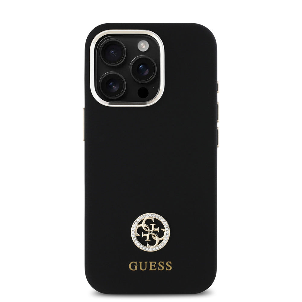Apple iPhone 16 Pro Max Kılıf Guess Orjinal Lisanslı Yazı ve Taşlı 4G Logolu Metal Kamera Çerçeveli Silikon Kapak Siyah