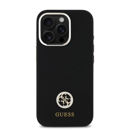 Apple iPhone 16 Pro Max Kılıf Guess Orjinal Lisanslı Yazı ve Taşlı 4G Logolu Metal Kamera Çerçeveli Silikon Kapak Siyah