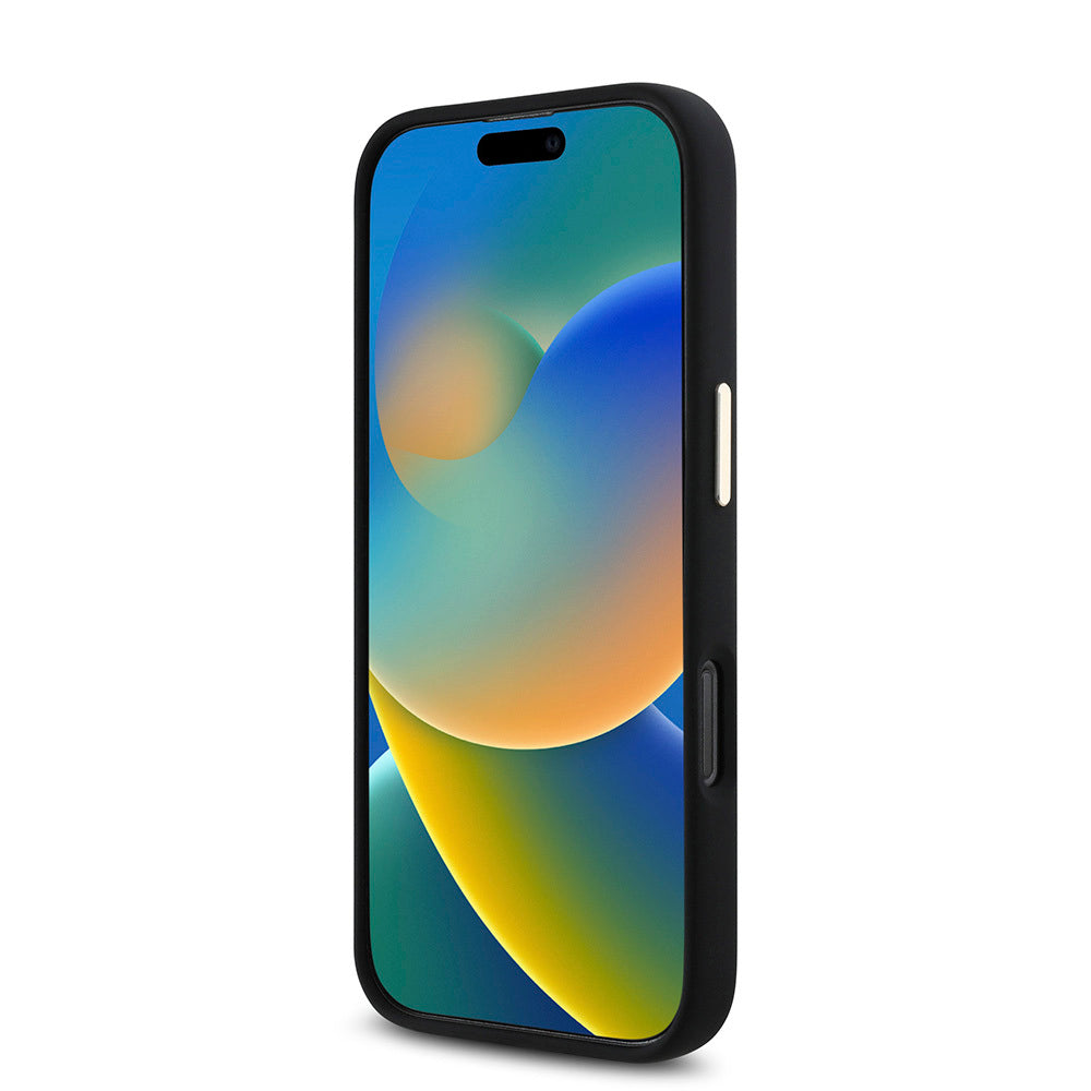 Apple iPhone 16 Pro Max Kılıf Guess Orjinal Lisanslı Yazı ve Taşlı 4G Logolu Metal Kamera Çerçeveli Silikon Kapak Siyah