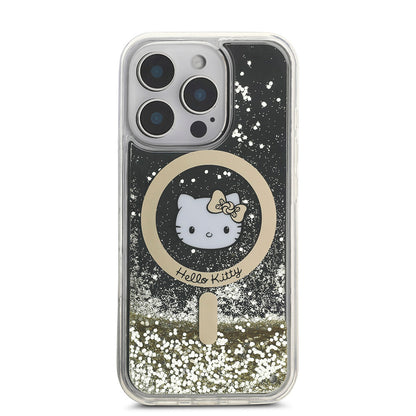 Apple iPhone 16 Pro Max Kılıf Hello Kitty Orjinal Lisanslı M-safe Şarj Özellikli IML Baskı Kitty Head Logolu Sıvılı Simli Altın Ateşi Kapak Siyah